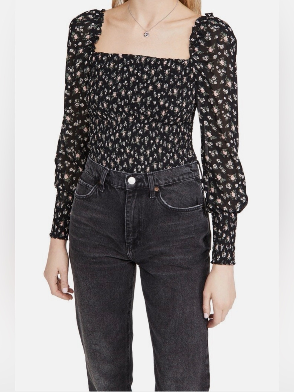 Reformation Pinto Smocked Square-Neck Top, Size XL, Color Freesia (Black/Blush